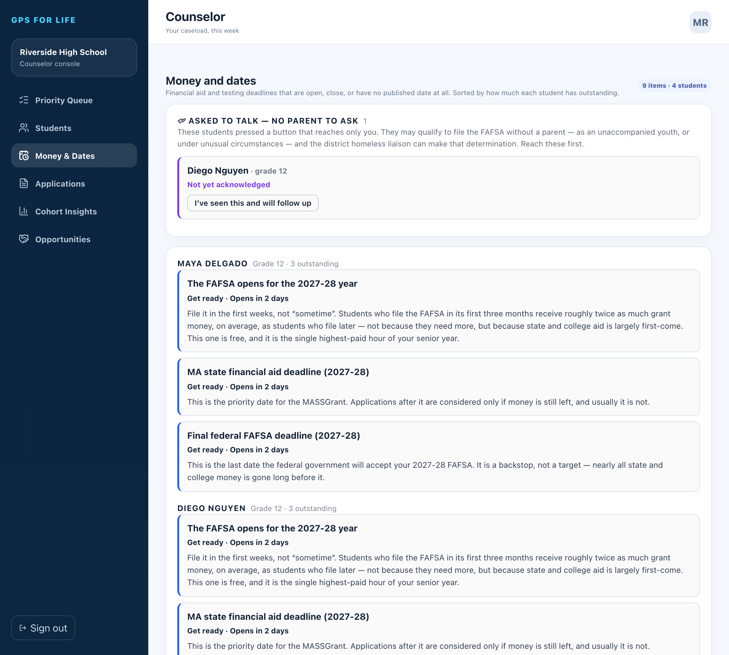 The counselor console's Money and dates screen for a demo caseload of four students: one senior who has said there is no parent to ask, and every open aid or testing deadline for each student, most outstanding first.