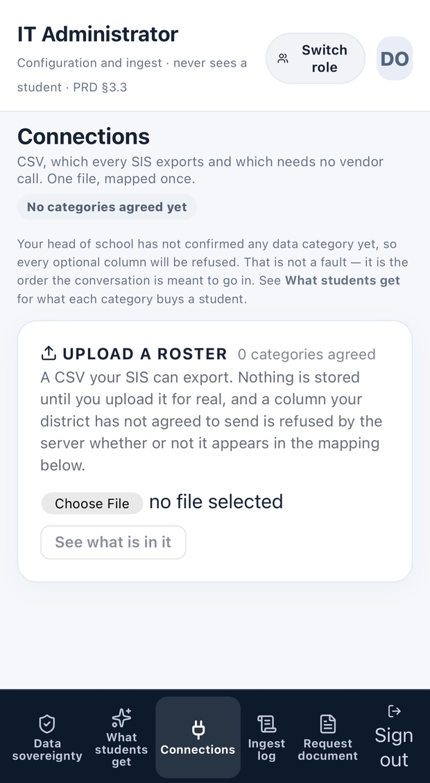 The Connections screen: upload a roster as CSV, with a notice that no data category has been confirmed so every optional column will be refused.