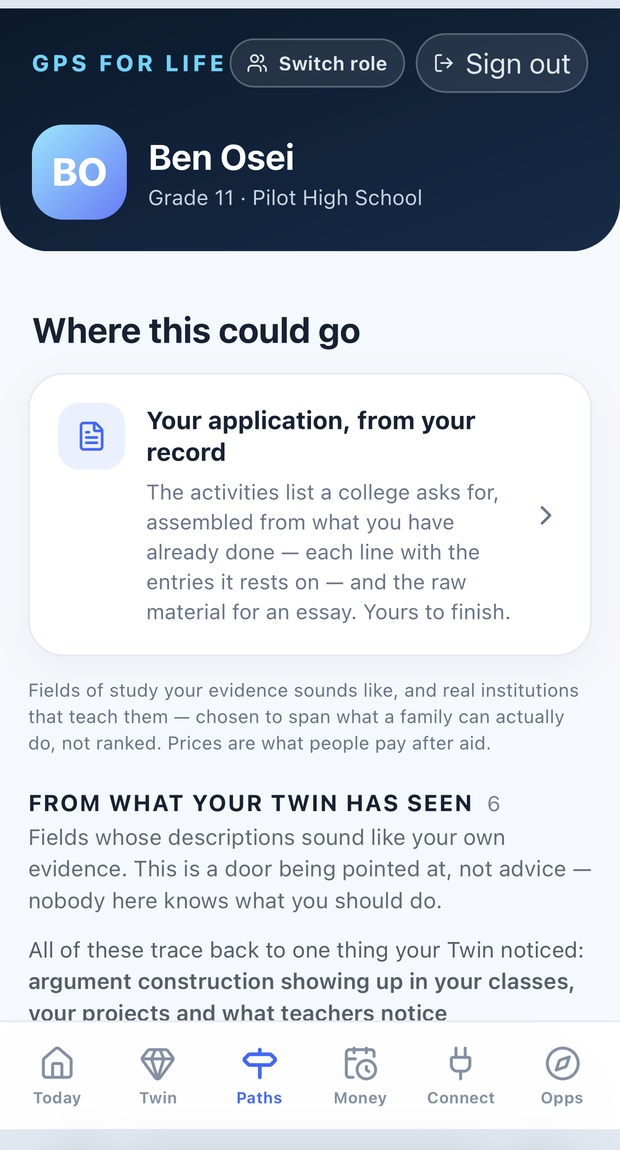 A student's Paths screen: fields of study the evidence points to, described as a door being pointed at, not advice.